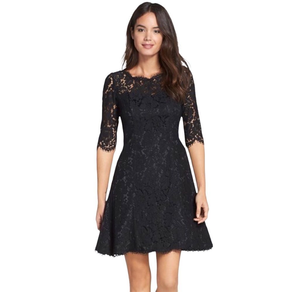Eliza J Dress Fit and Flare Black Lace 3/4 sleeve Cocktail dress SZ 6